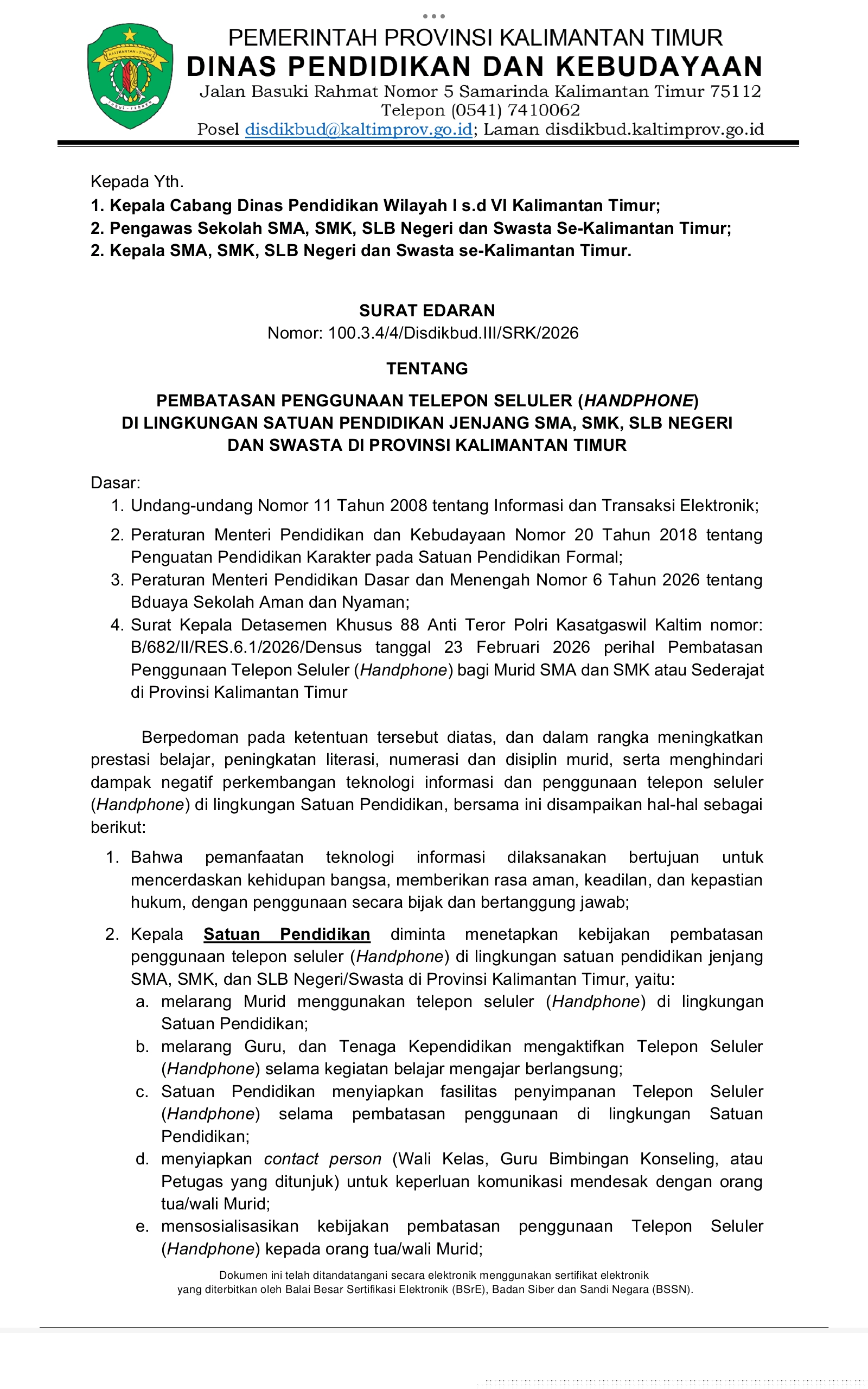 Pembatasan Penggunaan Telepon Seluler di lingkungan satuan pendidikan di Provinsi Kalimantan Timur