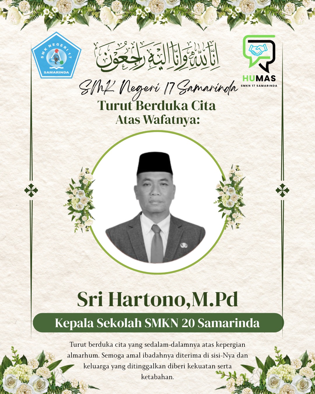 Turut berduka cita untuk Bapak Sri Hartono Kepala SMKN 20 Samarinda