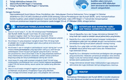 SMK Negeri 17 Samarinda Berlakukan Kembali Pembelajaran dari Rumah pada 15–17 Oktober 2026