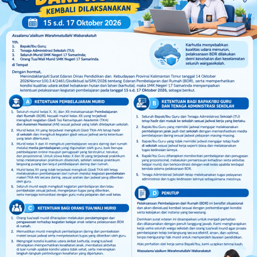 SMK Negeri 17 Samarinda Berlakukan Kembali Pembelajaran dari Rumah pada 15–17 Oktober 2026