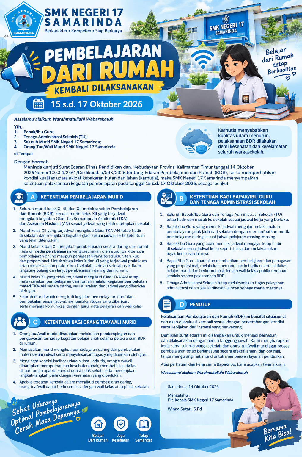 SMK Negeri 17 Samarinda Berlakukan Kembali Pembelajaran dari Rumah pada 15–17 Oktober 2026 SMK Negeri 17 Samarinda Berlakukan Kembali Pembelajaran dari Rumah pada 15–17 Oktober 2026